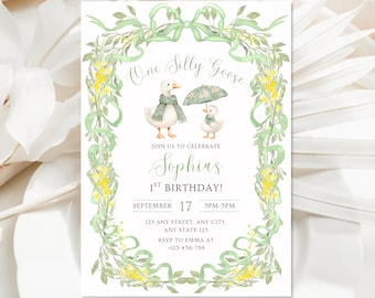 One Silly Goose First Birthday Invitation | Green Goose Party Invite | Vintage Floral Bow Theme | Girl 1st Birthday | Digital Download | 5x7