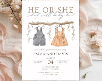 Gender Reveal Invitation Template | He or She Baby Shower Invite | Vintage Baby Clothes Gender Reveal | Digital Download | 5x7