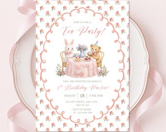Tea Party Birthday Invitation | Pink Girl Par-tea Invite | Editable Floral High Tea Garden Tea Party Invitation | Instant Download