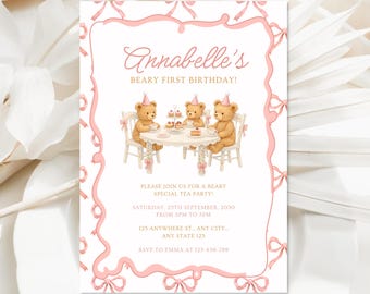 Tea Party Birthday Invitation | Bears Par-tea Invite | Editable Bow High Tea Garden Tea Party Invitation | Instant Download