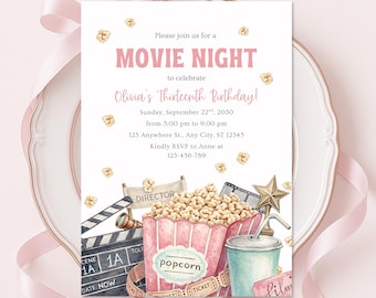Movie Night Birthday Invitation | Pastel Cinema Party Template | Digital Download | 5x7
