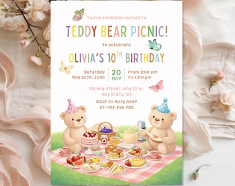 Teddy Bear Picnic Birthday Invitation | Bear Picnic Party Invite | Kids Garden Party Invitation | Instant Download | 5x7