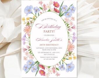 Floral Birthday Invitation Template | Editable Garden Party Invite | Elegant Watercolor Flowers Birthday Invite | Digital Download | 5x7