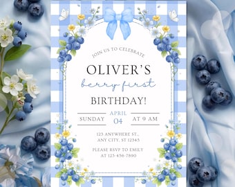 Berry First Birthday Invitation | Blueberry Bow Invite | Editable Blue Gingham Template | Digital Download (5x7)
