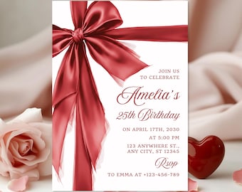Red Bow Birthday Invitation Template | Elegant Printable Invite (Digital Download 5x7" )