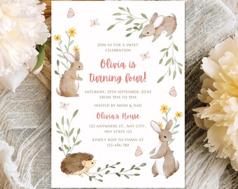 Woodland Birthday Invitation Template | Forest Animals Kids Party Invite | Rabbit Hedgehog Editable | Instant Download | 5x7