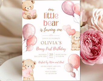 Teddy Bear First Birthday Invitation | Beary 1st Birthday Party Invite | Pink First Birthday Printable | Digital Download (5x7)