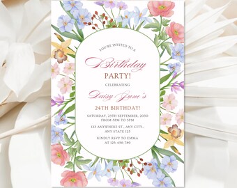 Floral Birthday Invitation Template | Editable Garden Party Invite | Elegant Women’s Birthday Dinner Invite | Digital Download | 5x7