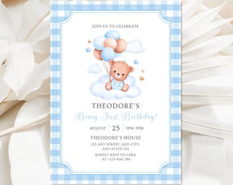 Teddy Bear First Birthday Invitation | Beary First Birthday Party Invite |  Baby Boy Birthday Printable | Blue Gingham Invite | 5x7