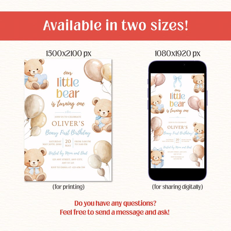 Teddy Bear First Birthday Invitation | Beary 1st Birthday Party Invite ...