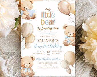 Teddy Bear First Birthday Invitation | Beary 1st Birthday Party Invite | Blue First Birthday Printable | Digital Download (5x7)
