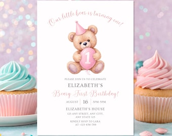 Teddy Bear First Birthday Invitation | Beary 1st Birthday Party Invite | Boy and Girl Bear Printable | Digital Download (5x7)