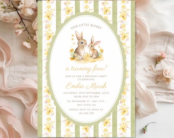 Bunny Birthday Invitation Template | Floral Green Rabbit Party Invite | Whimsical First Birthday Invitation | Instant Download | 5x7