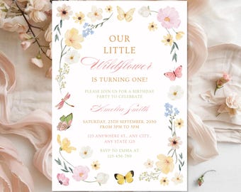 Wildflower First Birthday Invitation | Boho Floral 1st Birthday Invite | Wild One Party Invite | Digital Download | 5x7