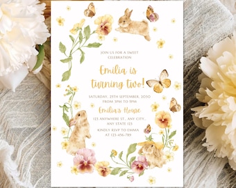 Floral Bunny Birthday Invitation | Whimsical Garden Party Invite | Kids Animal Party Printable | Digital Download | 5x7