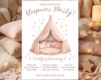 Sleepover Birthday Invitation Template | Girl Pajama Party Invite | Slumber Party Invite | Digital Download | 5x7