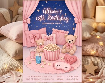 Sleepover Birthday Invitation Template | Girl Pajama Party Invite | Teddy Bear Slumber Party | Digital Download | 5x7
