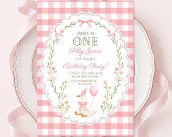 One Silly Goose First Birthday Invitation | Pink Gingham Goose Party Invite | Floral First Birthday | Digital Download | 5x7