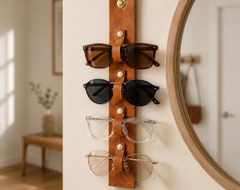 Leather Eyeglass Holder Wall Mount, Sunglasses Organizer Rack, Personalized Glasses Storage, Entryway Organizer, 4-Pair Wall Eyewear Display