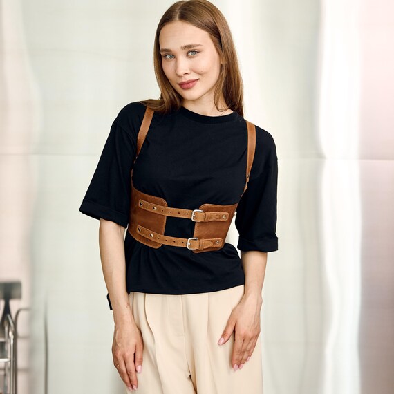 Leather harness belt for women, Underbust harness corset, Leather chest harness plus size, Suspenders harness, Leather waist harness
