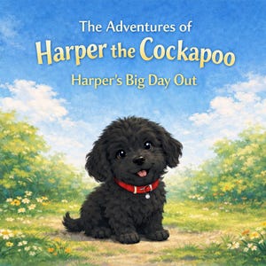 Può includere: Copertina di un libro per bambini con un cucciolo di Cockapoo nero con un collare rosso, seduto in un campo di fiori. Il titolo recita "The Adventures of Harper the Cockapoo" e "Harper's Big Day Out" su uno sfondo di cielo blu.