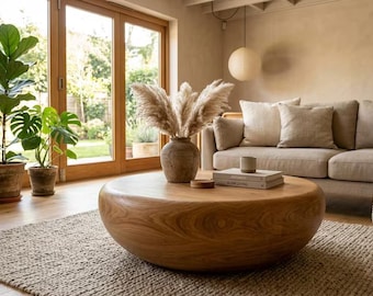 Round Solid Wood Coffee Table – Japandi Style Low Table – Organic Minimalist Living Room Furniture – Handcrafted Natural Wood Center Table