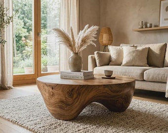 Organic Solid Wood Coffee Table – Sculptural Round Center Table | Rustic Modern Living Room Table | Japandi Minimalist Furniture
