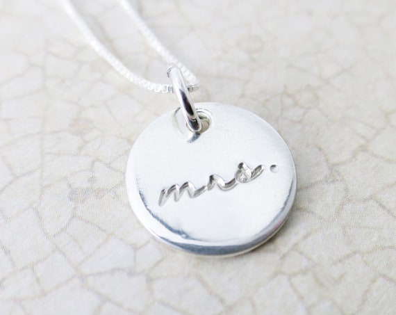 Mrs. Necklace | Mrs. Jewelry | Gift for Bride | Bridal Shower Gift | Hand Stamped Mrs. Necklace | Sterling Silver Disc Necklace | Delicate