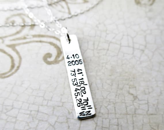 Latitude Longitude Necklace | Sterling Silver Bar Necklace | Custom Coordinates | Date and Location | Vertical Bar Necklace