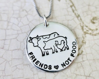 Friends Not Food Vegan Kette: Handgestempelter Sterling Silber Tierschützer Schmuck