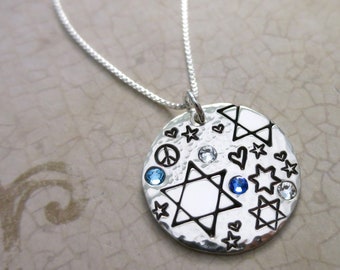 Jewish Star Disc Necklace | Sterling Silver | Jewish Stars Pendant | Peace Sign | Swarovski Crystals | Hearts | Peace Love Judaism