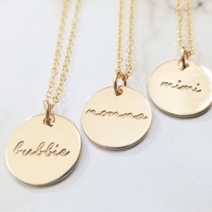 Grandma Necklace Bubbe Jewelry Bubbie Nonna Mimi Gold Fill Disc Gold Fill Pendant Hand Stamped 14k Gold Filled image 1