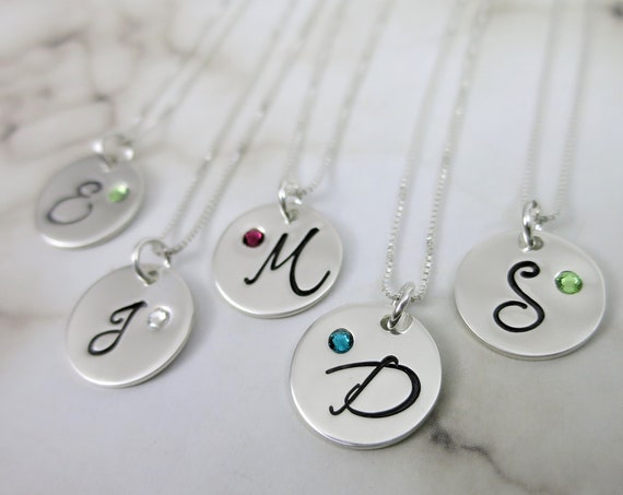 Initial Necklace | Sterling Silver Monogram Necklace | Hand Stamped Jewelry | Birthstone Jewelry | Birthstone Necklace | Swarovski Crystal