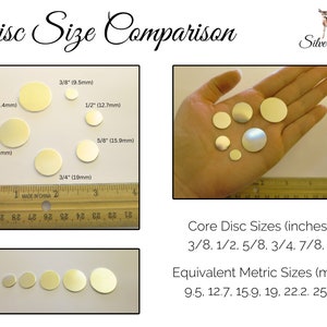 Pu&ograve; includere: Un righello con segni in pollici &egrave; mostrato accanto a un set di otto dischi di metallo argentato di diverse dimensioni. I dischi sono disposti in una fila dal pi&ugrave; piccolo al pi&ugrave; grande. Il testo "Core Disc Sizes (inches): 3/8, 1/2, 5/8, 3/4, 7/8, 1" e "Equivalent Metric Sizes (mm): 9.5, 12.7, 15.9, 19, 22.2, 25.4" &egrave; visualizzato sotto l'immagine.