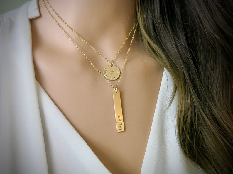 Tikvah Hope Hebrew Necklace Hebrew Cursive Hebrew Script Hand Stamped 14k Gold Filled Vertical Rectangle Inspirational image 6