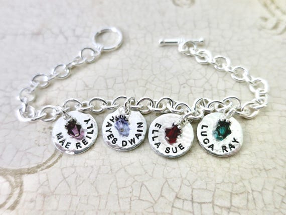Mommy or Grandma Bracelet with Kids' Names and Birthstones | Hand Stamped Hammered Sterling Silver | Swarovski Crystals