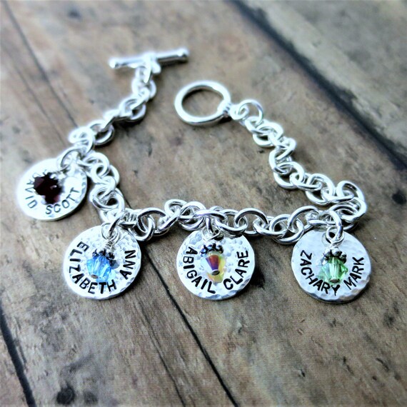 Personalized Charm Necklace with Kids’ or Grandkids’ Names | Hammered Finish, Swarovski Birthstones
