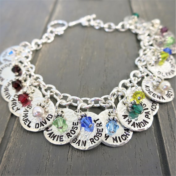 Silver Charm Bracelet | Mommy Jewelry | Grandma Jewelry | Custom Names | Kids' Names | Grandkids Names | Hand Stamped | Birthstones | Family