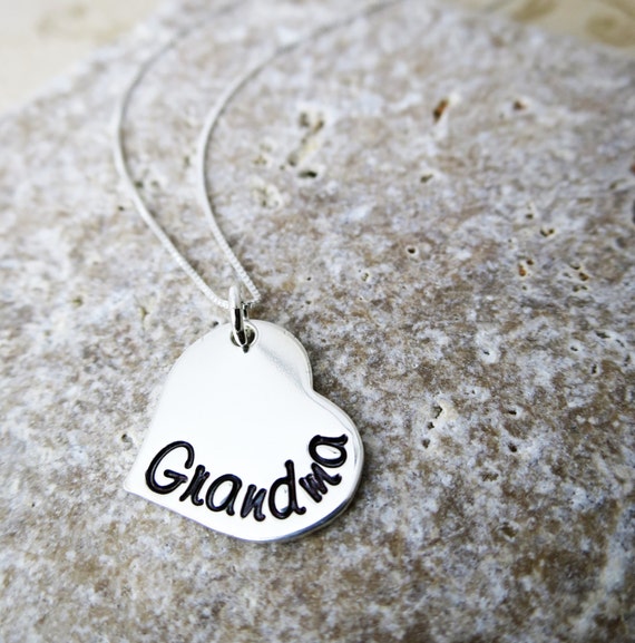 Grandma Necklace | Sterling Silver Heart Jewelry | Gift for Grandma | Script Font | Grandkids' Birthstones |  Swarovski Crystals | Granny