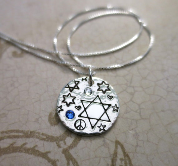 Jewish Star Necklace | Sterling Silver | Jewish Stars | Peace Signs | Swarovski Crystals | Hearts | Peace Love Judaism | Bat Mitzvah Gift