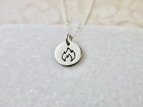 Flame Necklace | Hand Stamped Sterling Silver Round Pendant Necklace | Flame Jewelry