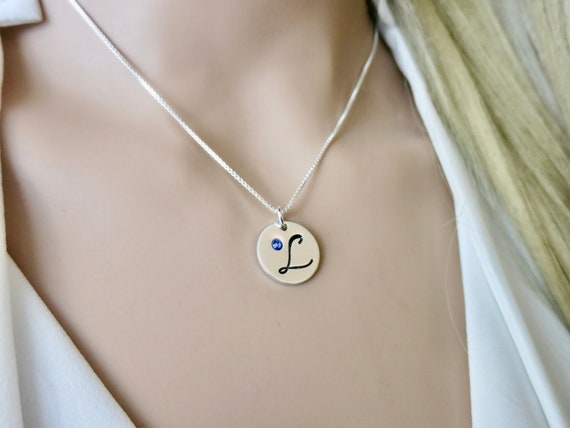 Initial Necklace with Birthstone | Sterling Silver Initial Jewelry | Swarovski Crystal Birthstone | Embedded Crystal | Birth Month Jewelry