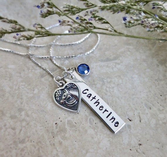 Custom Horse Lover Necklace | Personalized Name Jewelry | Sterling Silver | Handmade & Hand Stamped | Swarovski Birthstone | Charm Necklace