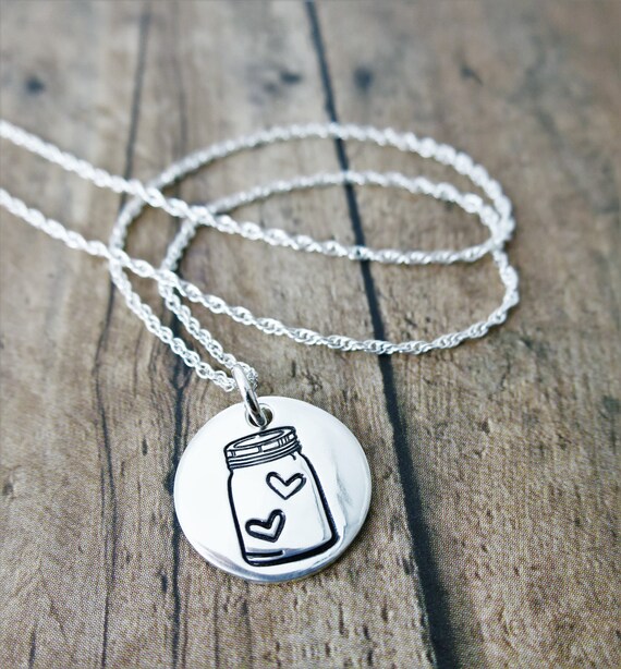 Mason Jar Necklace | Heart Necklace | Sterling Silver Disc Necklace | Mason Jar Jewelry | Hand Stamped | Hearts in a Mason Jar