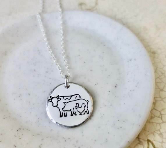 Vegan Animal Love Necklace | Sterling Silver | Hand Stamped | Cow, Pig, Chicken | Veganism | Animal Rights Jewelry
