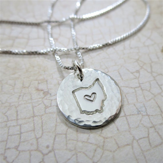 Ohio Love Jewelry | Ohio Outline with Heart | Sterling Silver | Hand Stamped | Hammered