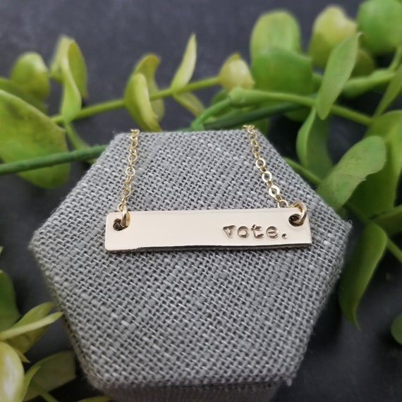 Vote. | Vote Jewelry | Vote Necklace | Democratic | 14k Gold Filled | Hand-stamped jewelry | Gold Bar Necklace