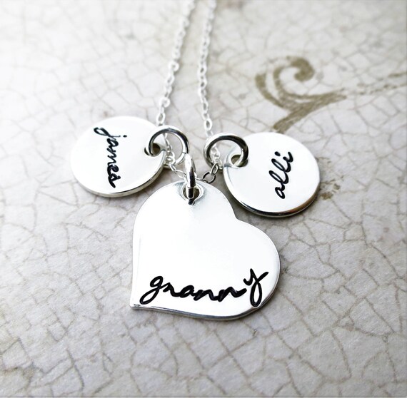 Granny Necklace | Sterling Silver Heart Jewelry | Gift for Grandma | Script Font | Grandkids' Birthstones | Swarovski Crystals