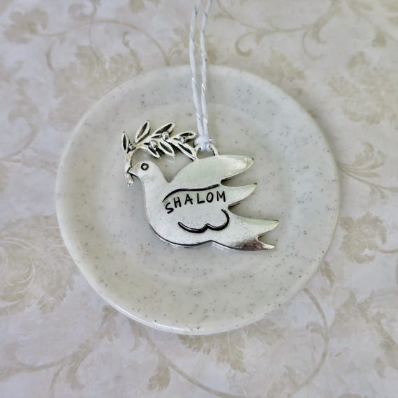 Shalom Dove Ornament - Lead-free Pewter Hand Stamped Peace Ornament