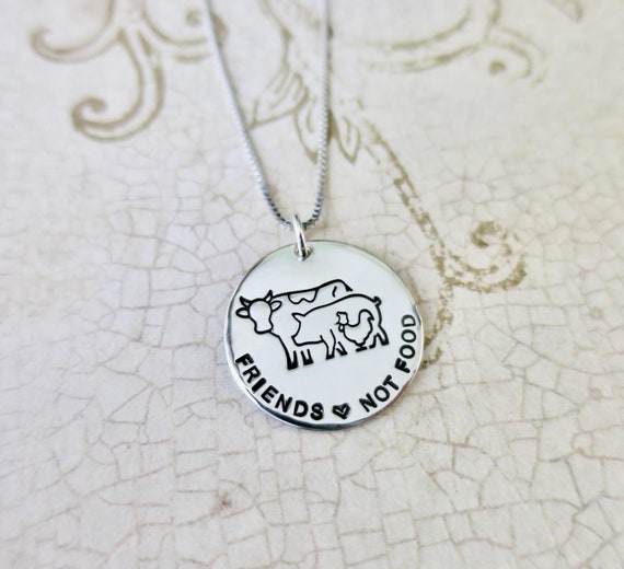 Friends Not Food Vegan Necklace | Cow, Pig, Chicken | Animal Rights Jewelry | Animal Love | Veganism | Hand Stamped | Sterling Silver